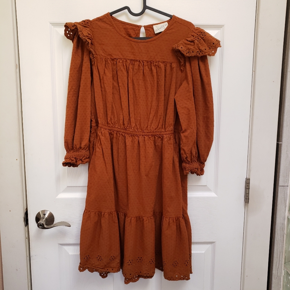 Universal Thread Burnt Orange 3/4 Sleeve Eyelet Ruffle Peasant Dress